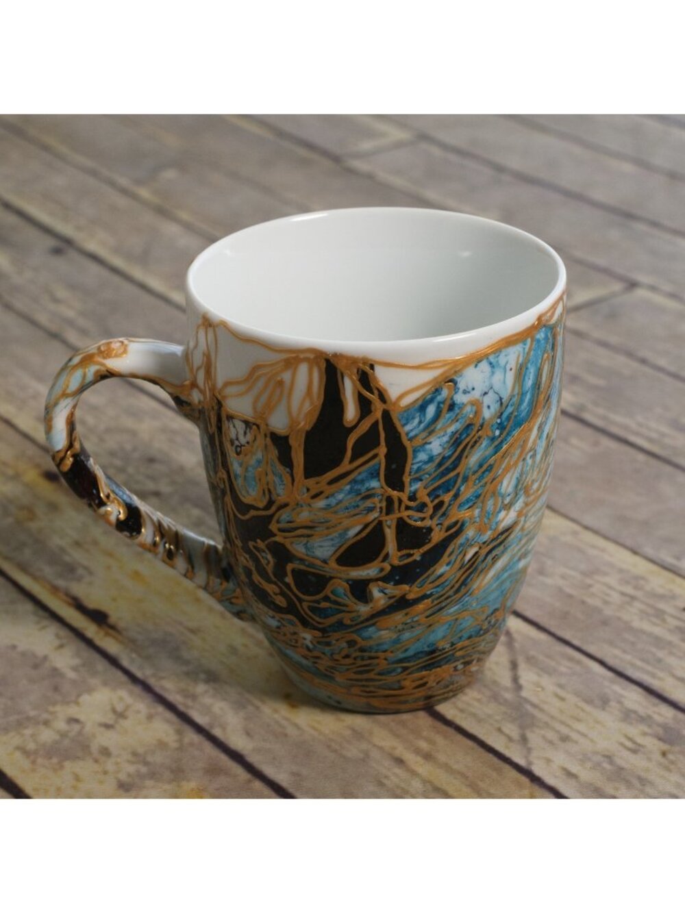 Hand Painted Art Pottery Coffee Mug Marbled Splatter Colors Gold Blue White